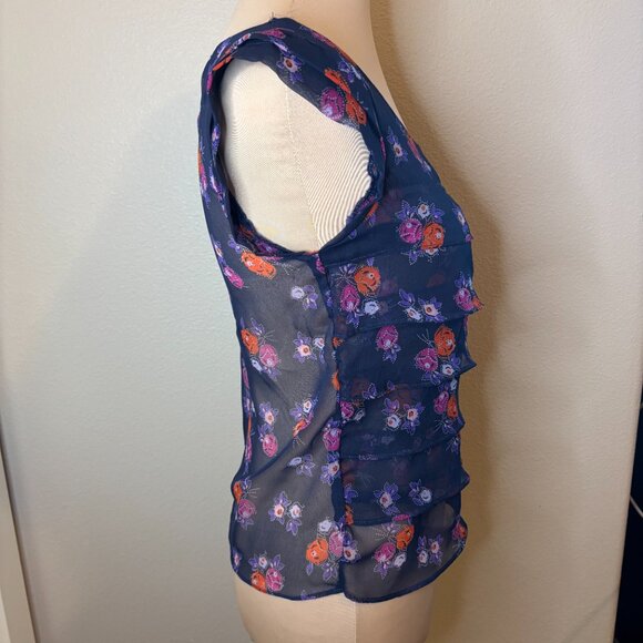 American Eagle Sheer Floral Ruffle Shirt Women's Size XS Navy Blue #189 - Picture 3 of 9